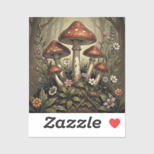 Sticker Camper Rétro, Champignons, Ruisseau et Fleurs