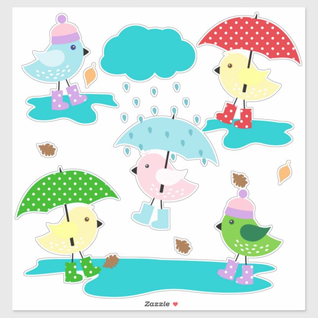 Sticker Canards dans la pluie avec parapluies et bottes de (Feuille)