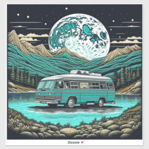 Sticker Caravane rétro sarcelle vintage dans les montagnes