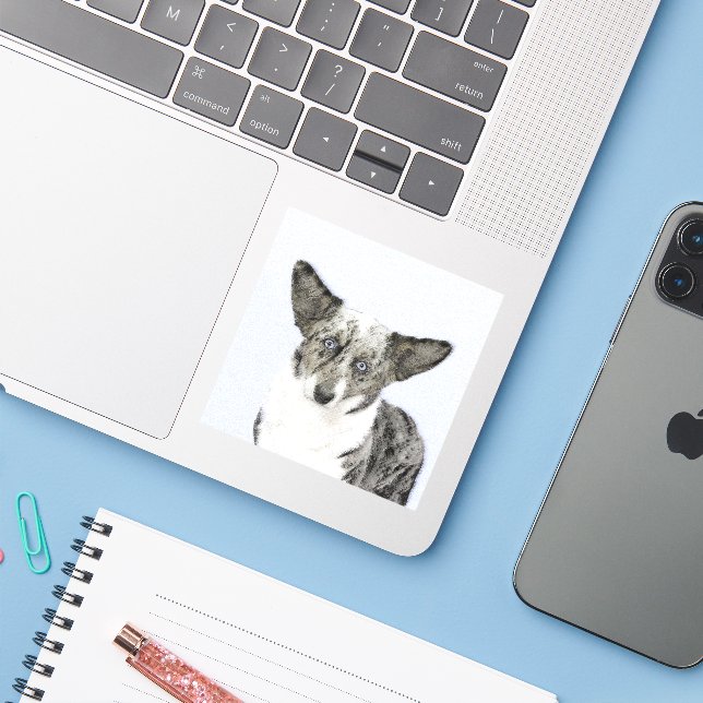 Sticker Cardigan Welsh Corgi Peinture - Art Chien original (Ordinateur portable avec iPhone)