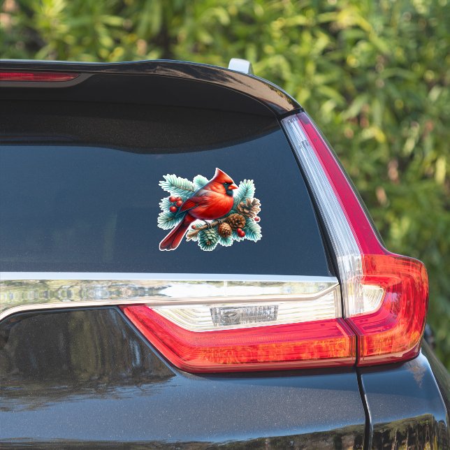Sticker Cardinal sur la branche des pins avec les baies d' (Côté voiture)