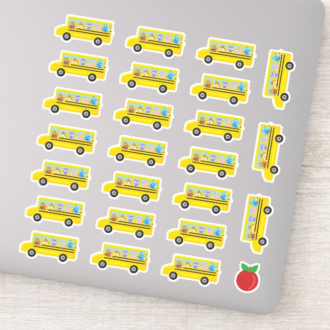 Sticker Caricature de bus scolaire Animaux 24 Bus + Pomme (Détail)