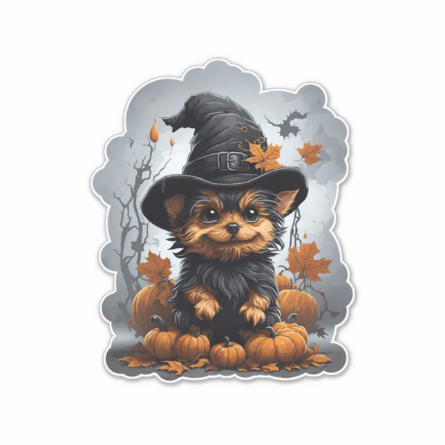 Sticker Caricature pour chiot du Yorkshire avec citrouille (Devant)