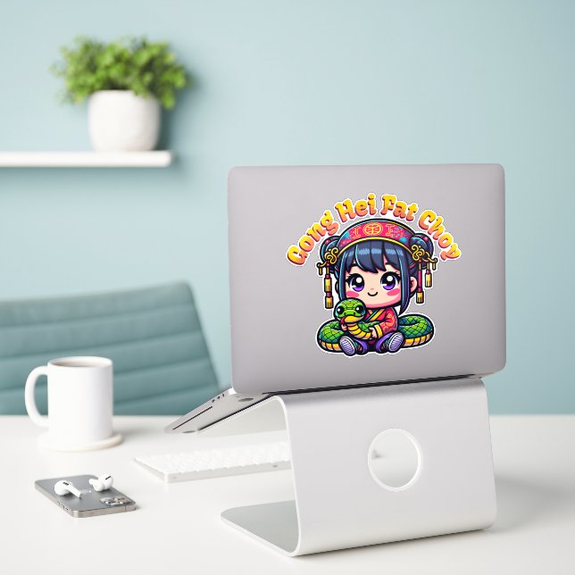 Sticker Caricature serpent et fille du Nouvel An chinois (Ordinateur portable sur le bureau)