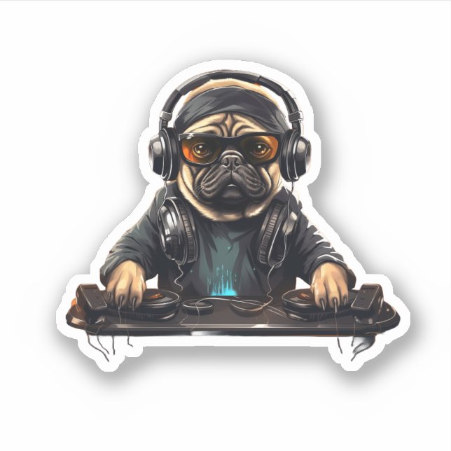Sticker Carlin chien dj, Music Lover, Amoureux des chiens, (Devant)