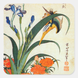 Sticker Carré ア ヤ に ワ カ  Iris et Kingfisher, Hokusai, Ukiyo-e