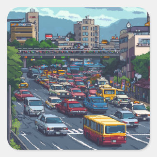 STICKER CARRÉ ピクセルアート 東京の渋滞のステッカー