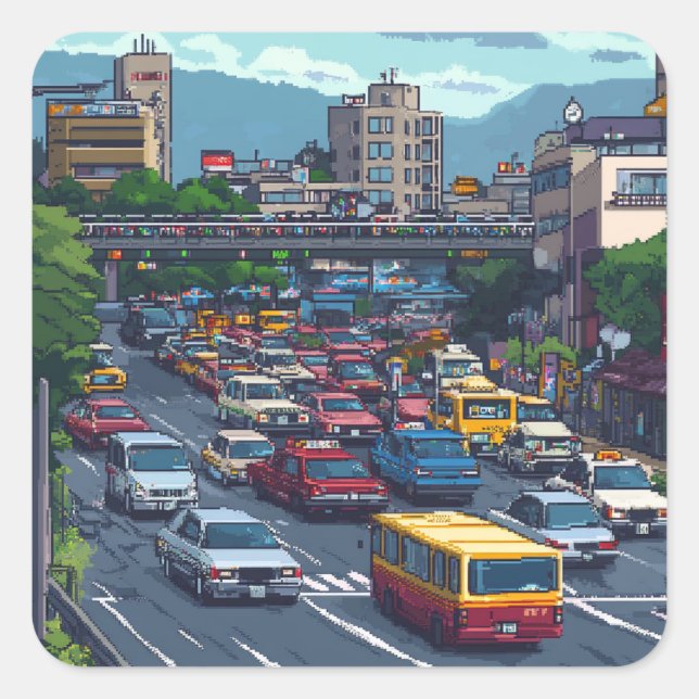 STICKER CARRÉ ピクセルアート　東京の渋滞のステッカー (Devant)