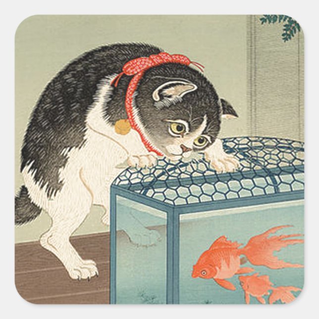 Sticker Carré 猫 と 金 魚, 古 Cat & Goldfish, Koson, Ukiyo-e (Devant)