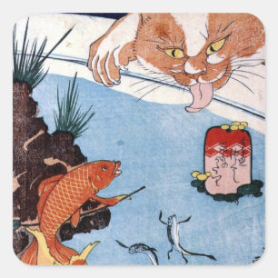 Sticker Carré 猫 と 金 魚, 国 Chat et Poisson d'or, Kuniyoshi, Ukiyo-