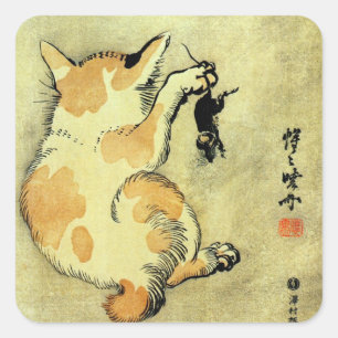 Sticker Carré 猫 と 鼠, 暁 斎 Chat et souris, Kyōsai, Ukiyo-e
