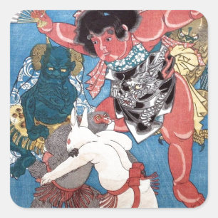 Sticker Carré 金 太 郎 動 物, 国 と Kintaro & Animaux, Kuniyoshi, Ukiyo