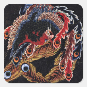 Sticker Carré 鳳 凰 図, 北 chinois Phoenix, Hokusai, Art