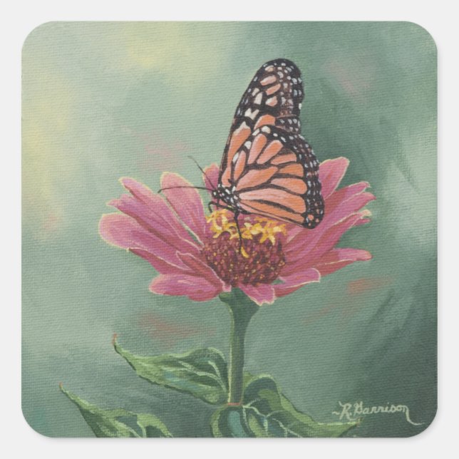 Sticker Carré 0465 Monarch Butterfly sur Zinnia (Devant)