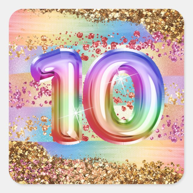 Sticker Carré 10e anniversaire arc-en-ciel parties scintillant p (Devant)