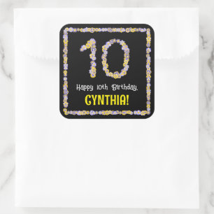Sticker Carré 10e anniversaire : Floral Flowers Numéro, Nom pers