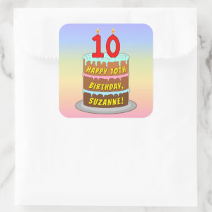Sticker Carré 10e anniversaire : Fun Cake and Candles + Nom pers