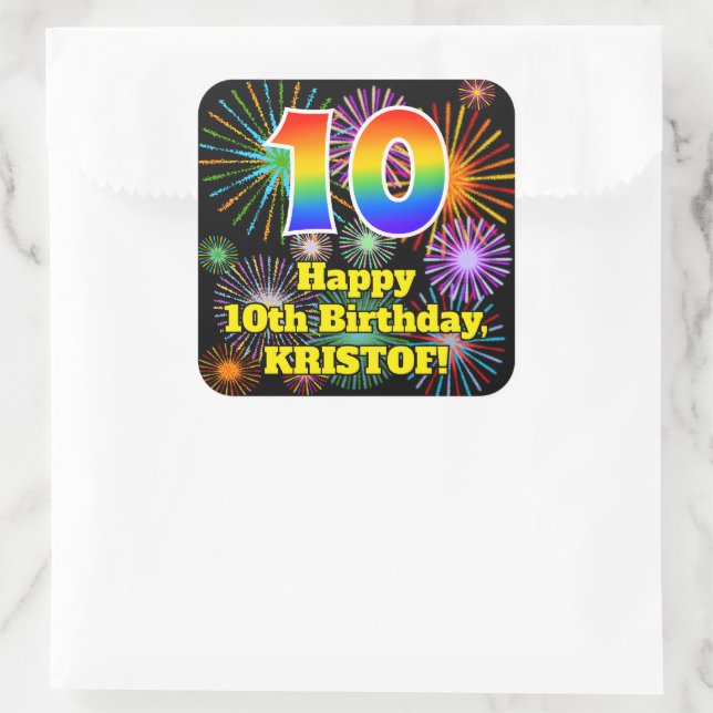 Sticker Carré 10e anniversaire : Fun Fireworks Look, Arc en ciel (Sac)