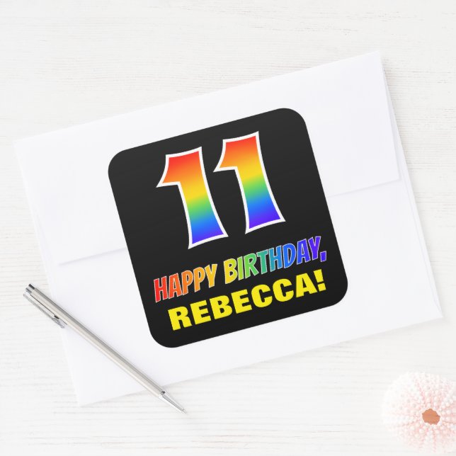 Sticker Carré 11e anniversaire : Bold, amusant, simple, arc-en-c (Enveloppe)