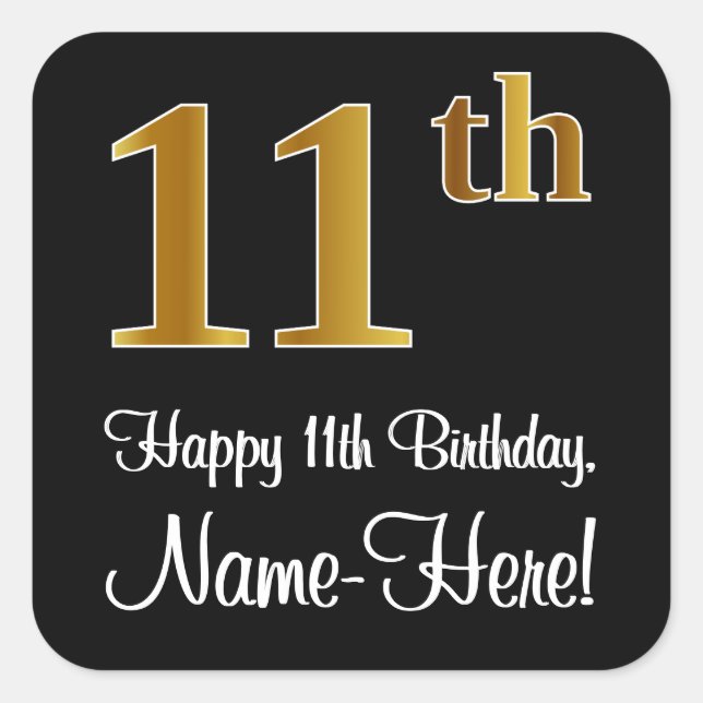 Sticker Carré 11e anniversaire - Elégant luxe Faux Gold Look # (Devant)