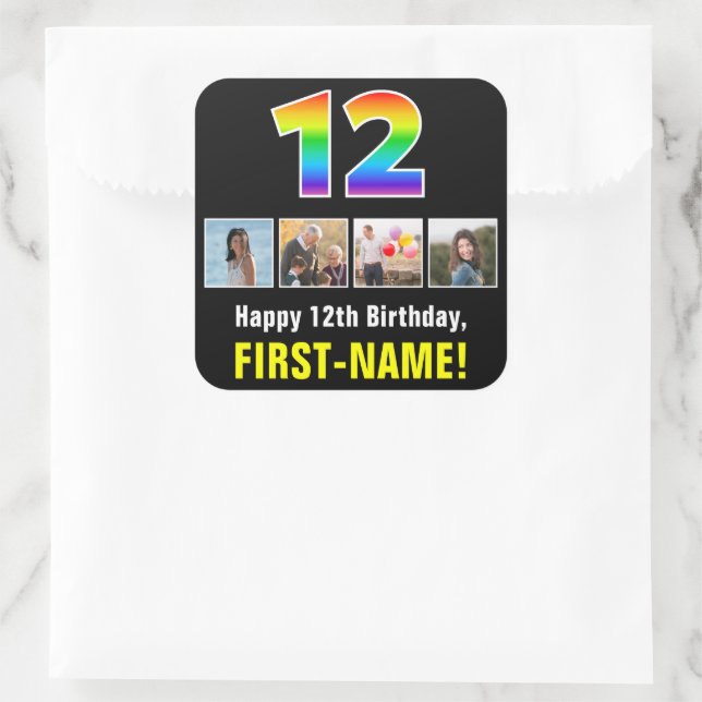 Sticker Carré 12e anniversaire : Arc-en-ciel "12"; Photos person (Sac)