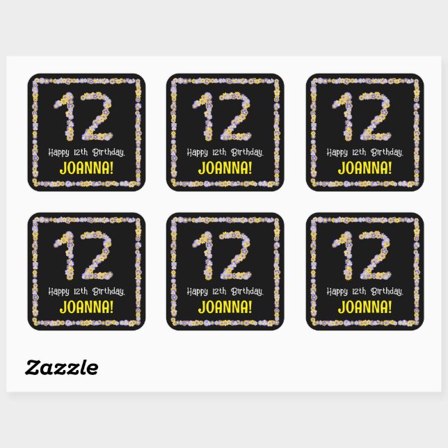 Sticker Carré 12e anniversaire : Floral Flowers Numéro, Nom pers (Feuille)