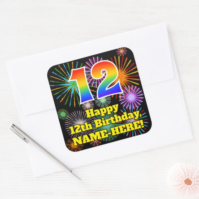 Sticker Carré 12e anniversaire : Fun Fireworks Look, Arc en ciel (Enveloppe)