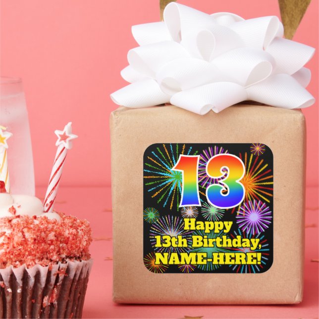 Sticker Carré 13e anniversaire : Fun Fireworks Look, Arc en ciel (Fête)