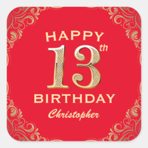 Sticker Carré 13e anniversaire Parties scintillant rouge et or c
