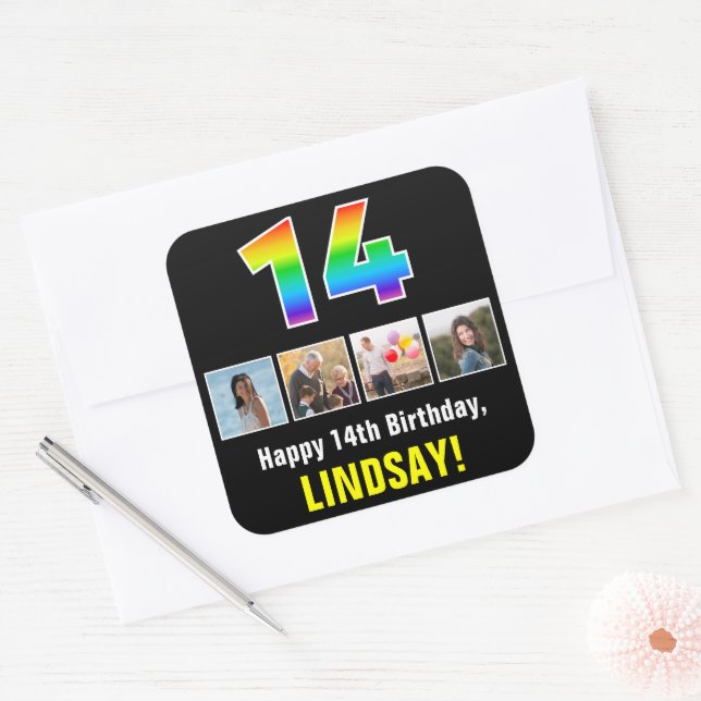 Sticker Carré 14e anniversaire : Arc-en-ciel "14"; Photos person (Enveloppe)