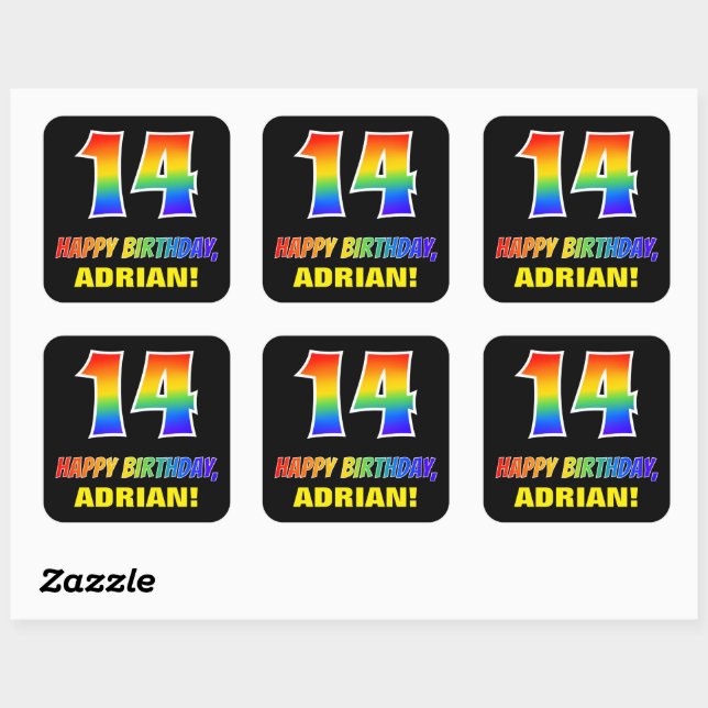 Sticker Carré 14e anniversaire : Bold, amusant, simple, arc-en-c (Feuille)