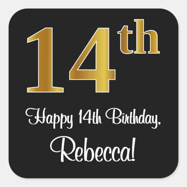 Sticker Carré 14e anniversaire - Elégant luxe Faux Gold Look # (Devant)