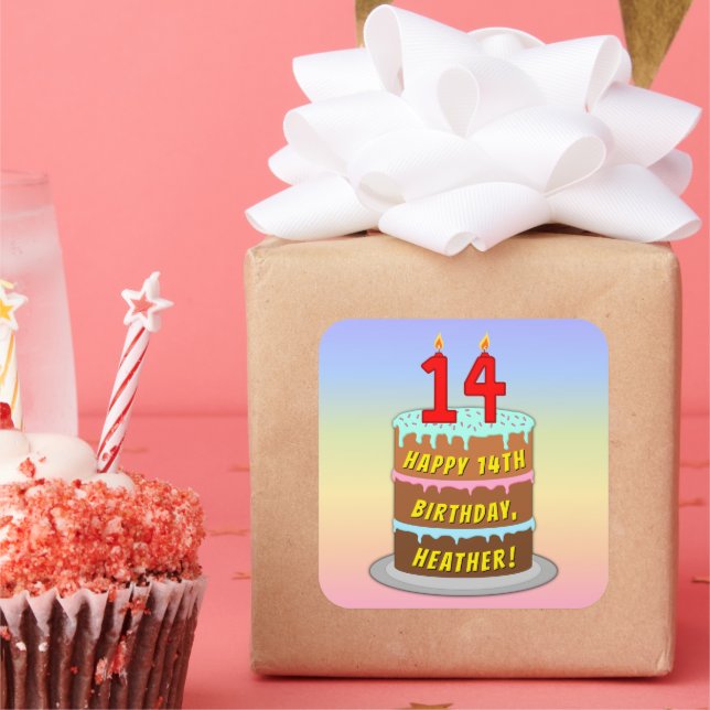 Sticker Carré 14e anniversaire : Fun Cake and Candles + Nom pers (Fête)
