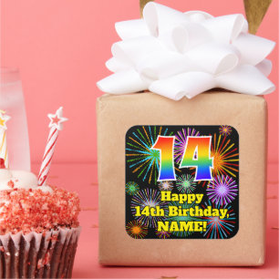 Sticker Carré 14e anniversaire : Fun Fireworks Look, Arc en ciel