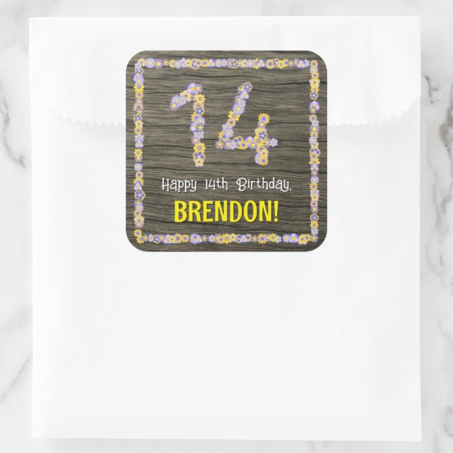 Sticker Carré 14e anniversaire : numéro floral, Faux Wood Look,  (Sac)
