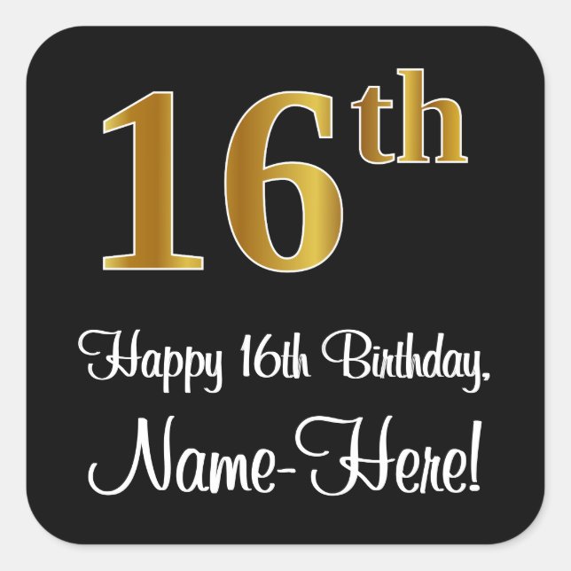 Sticker Carré 16e anniversaire - Elégant luxe Faux Gold Look # (Devant)
