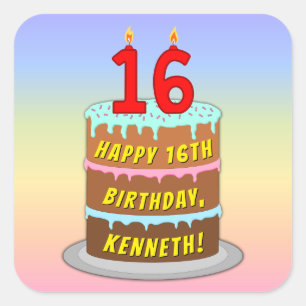 Sticker Carré 16e anniversaire : Fun Cake and Candles + Nom pers