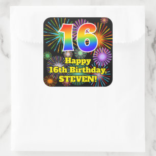 Sticker Carré 16e anniversaire : Fun Fireworks Look, Arc-en-ciel