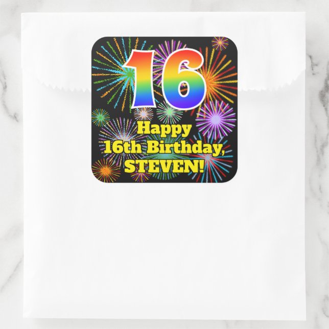 Sticker Carré 16e anniversaire : Fun Fireworks Look, Arc-en-ciel (Sac)