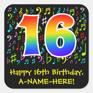 Sticker Carré 16e anniversaire : Symboles de musique colorée, A