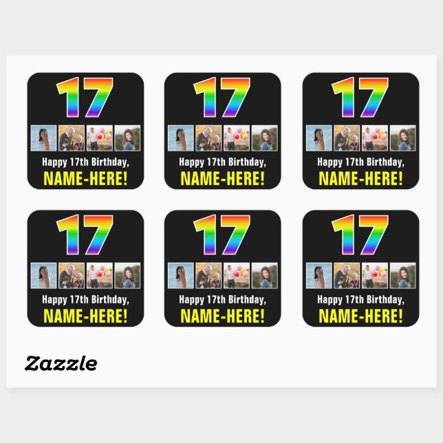 Sticker Carré 17e anniversaire : Arc-en-ciel "17"; Photos person (Feuille)
