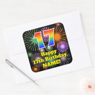Sticker Carré 17e anniversaire : Fun Fireworks Look, Arc-en-ciel