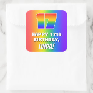 Sticker Carré 17th Birthday: Colorful, Fun Rainbow Pattern # 17