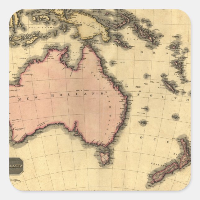 Sticker Carré 1818 Australasia Map - Australia, Nouvelle-Zélande (Devant)