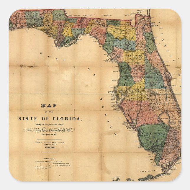Sticker Carré 1856 Carte de l'État de Floride par Columbus Drew (Devant)