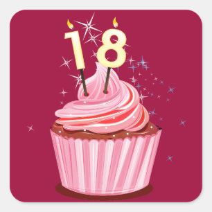 Sticker Carré 18e anniversaire - Cupcake rose
