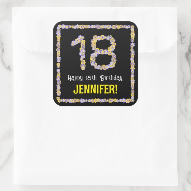 Sticker Carré 18e anniversaire : Floral Flowers Numéro, Nom pers (Sac)