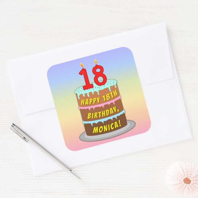 Sticker Carré 18e anniversaire : Fun Cake and Candles + Nom pers (Enveloppe)