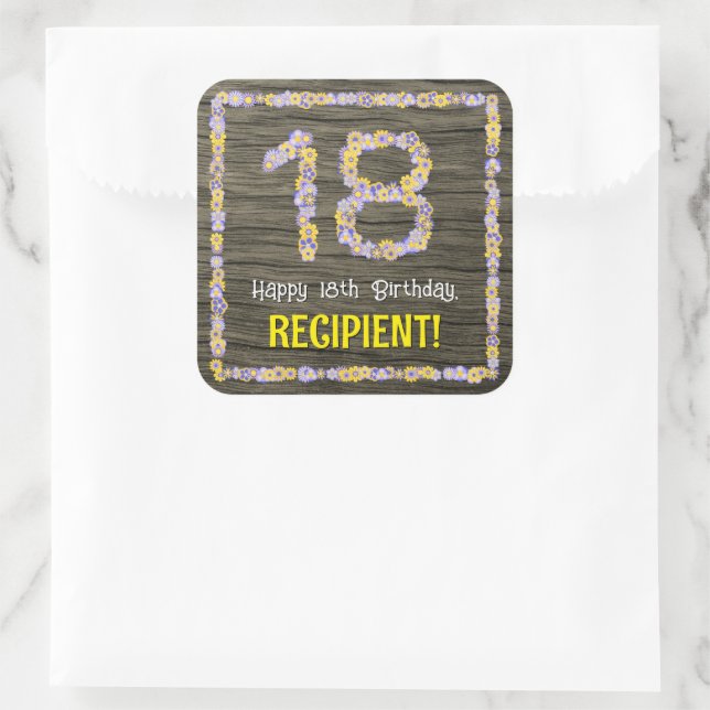 Sticker Carré 18e anniversaire : numéro floral, Faux Wood Look,  (Sac)