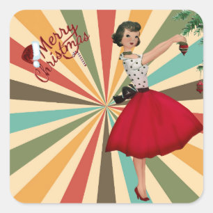 Sticker Carré 1950 Femme de Noël avec Arrière - plan rétro
